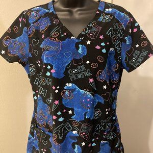SESAME STREET Scrubs - Small Graphic Print Nurse Lightweight V Neck